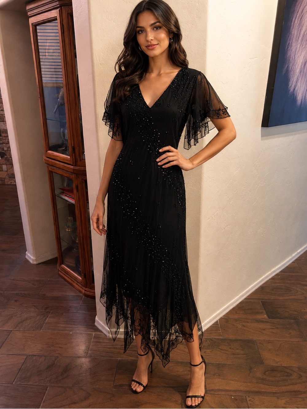 Scala Black Beaded V-Neck Midi Dress Y2K